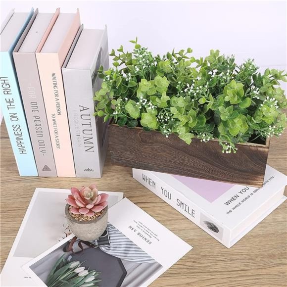 Artificial Eucalyptus in Rectangular Wood Box Potted Fake Plants Mantle Decor - Picture 4 of 7